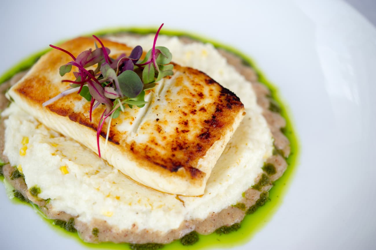 Pan-seared fish over whipped potato with basil oil
